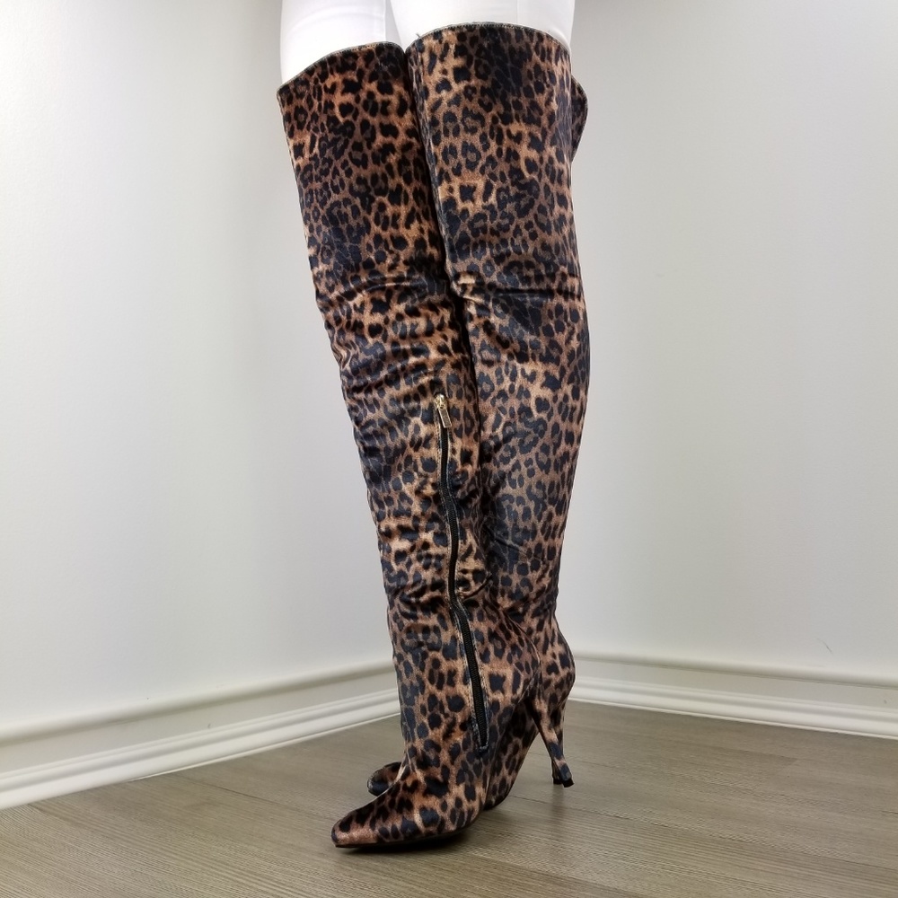Leopard Print Thigh High Heel Boots - Picture 2 of 8